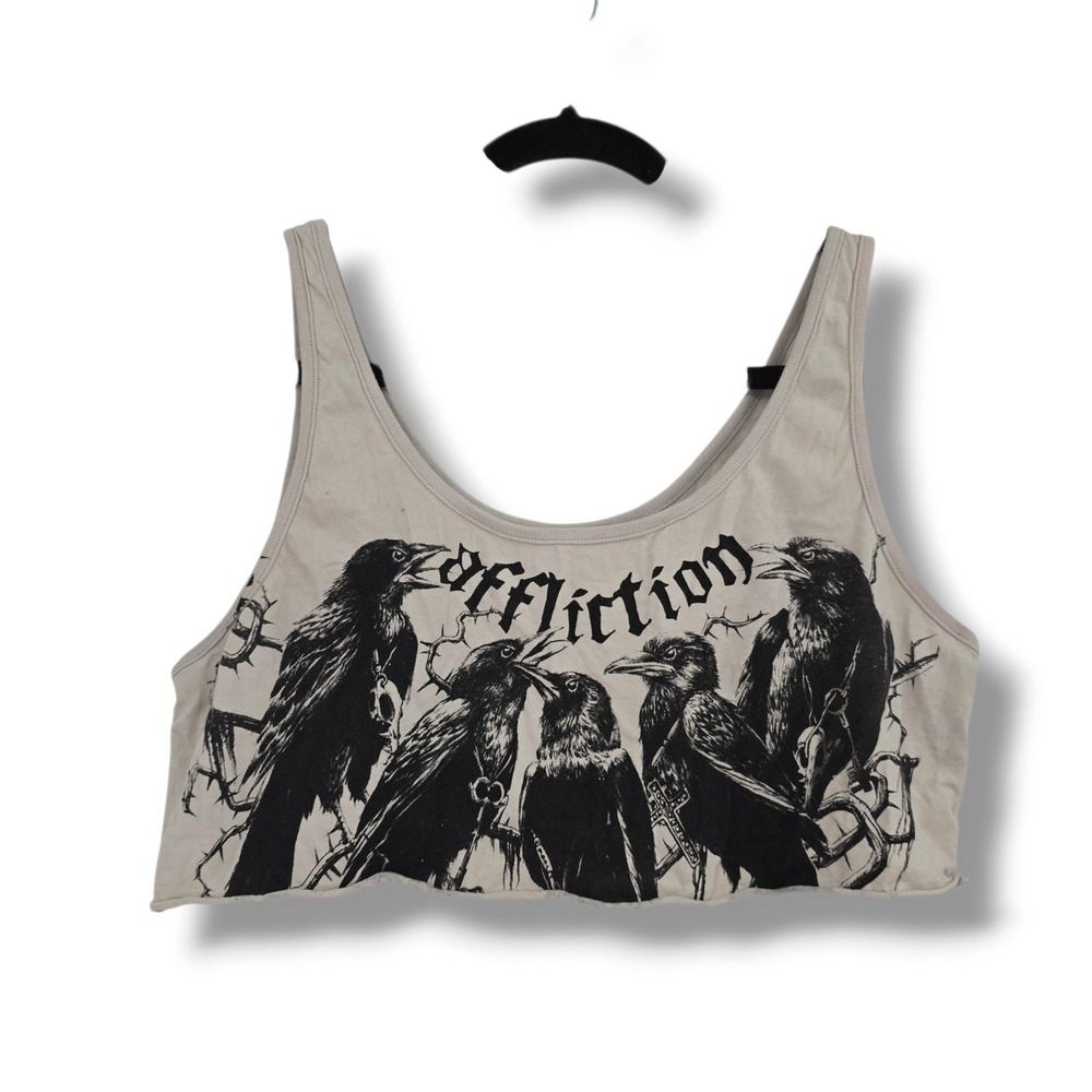 Affliction Live Fast Women Crow Graphic Cropped Tank Top Tan Large Fleur-de-lis